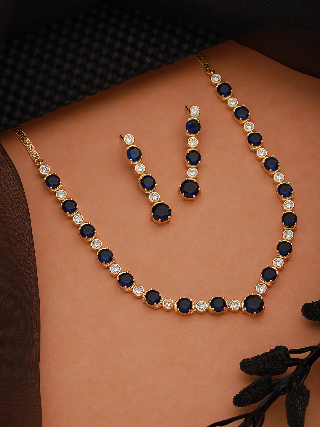 Gold Plated Blue Zircon Minimal Necklace Jewellery  Set